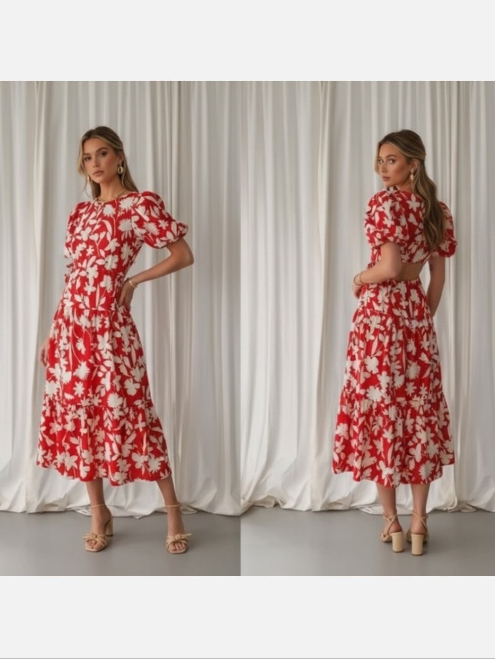 NWT Moon River red cream floral cutout puff sleeve cotton midi dress sz S